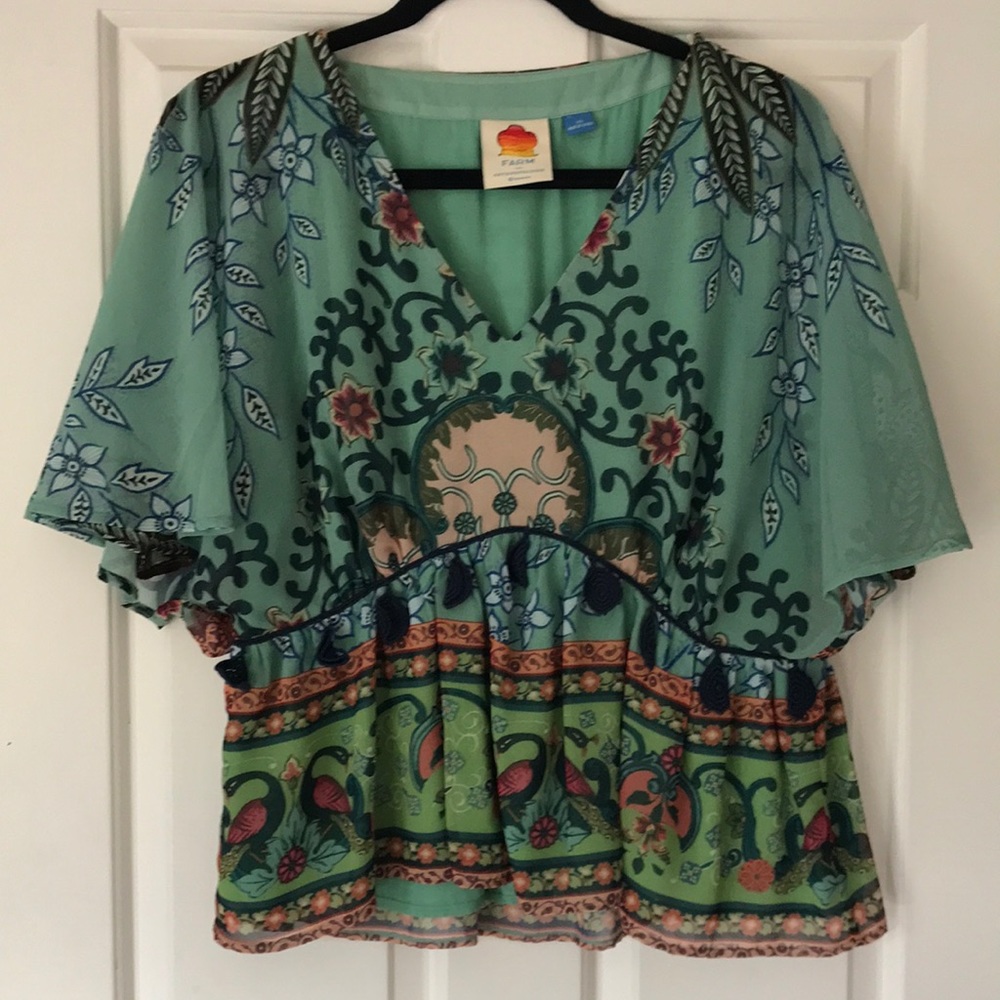 Farm Rio for Anthropologie blouse with navy crocheted tassels